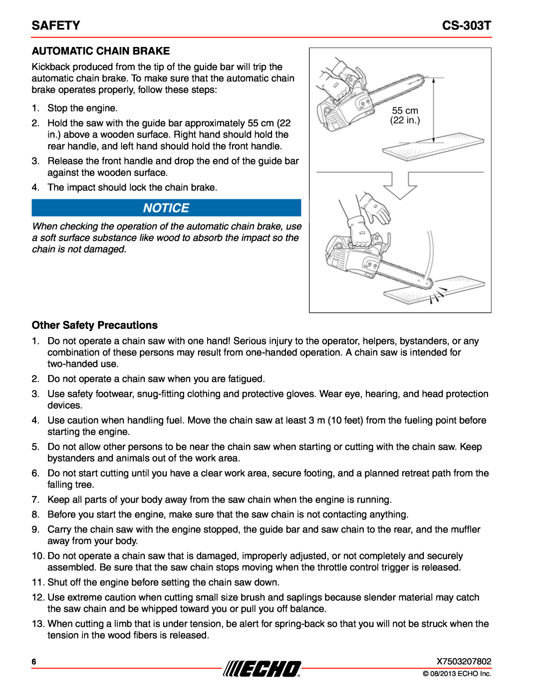 Echo CS-303T instruction manual Automatic Chain Brake, Other Safety Precautions 