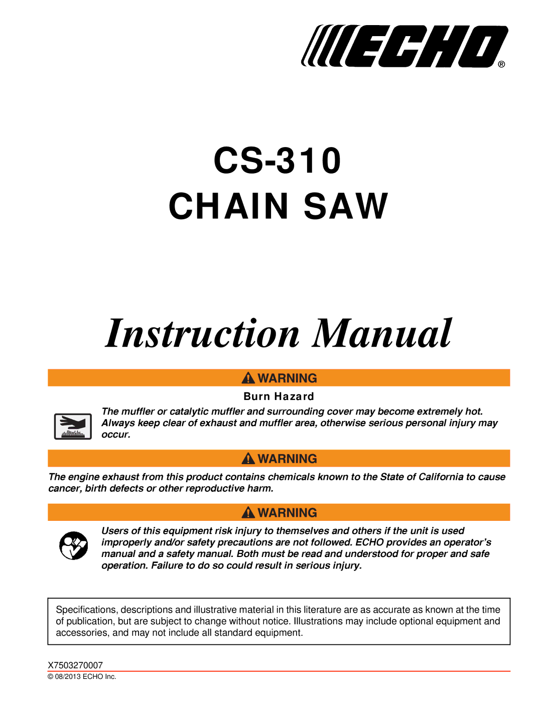 Echo CS-310 instruction manual Chain SAW, Burn Hazard 