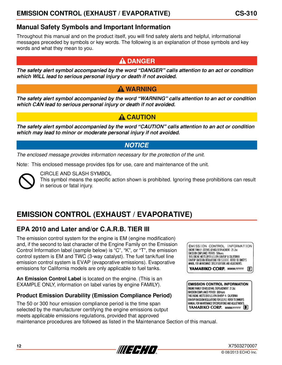 Echo CS-310 instruction manual Emission Control Exhaust / Evaporative, Manual Safety Symbols and Important Information 