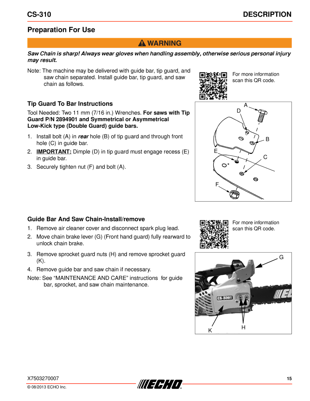 Echo CS-310 instruction manual Preparation For Use, Tip Guard To Bar Instructions, Guide Bar And Saw Chain-Install/remove 