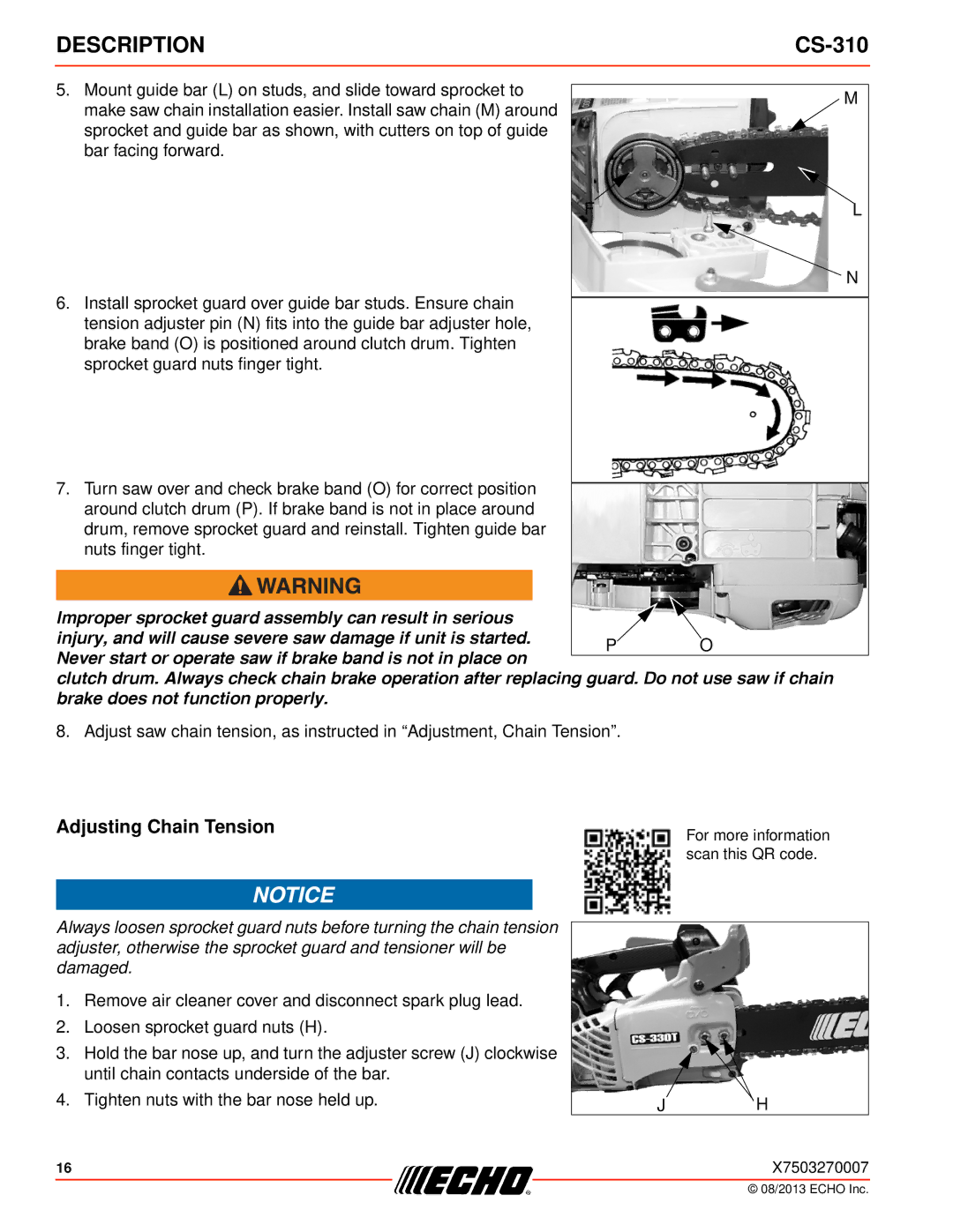 Echo CS-310 instruction manual Adjusting Chain Tension 