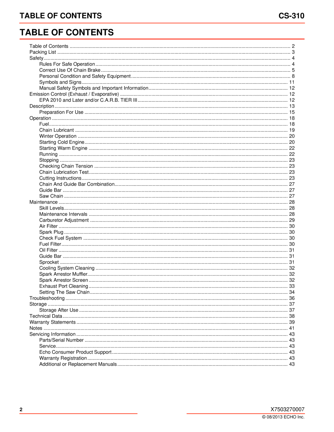 Echo CS-310 instruction manual Table of Contents 