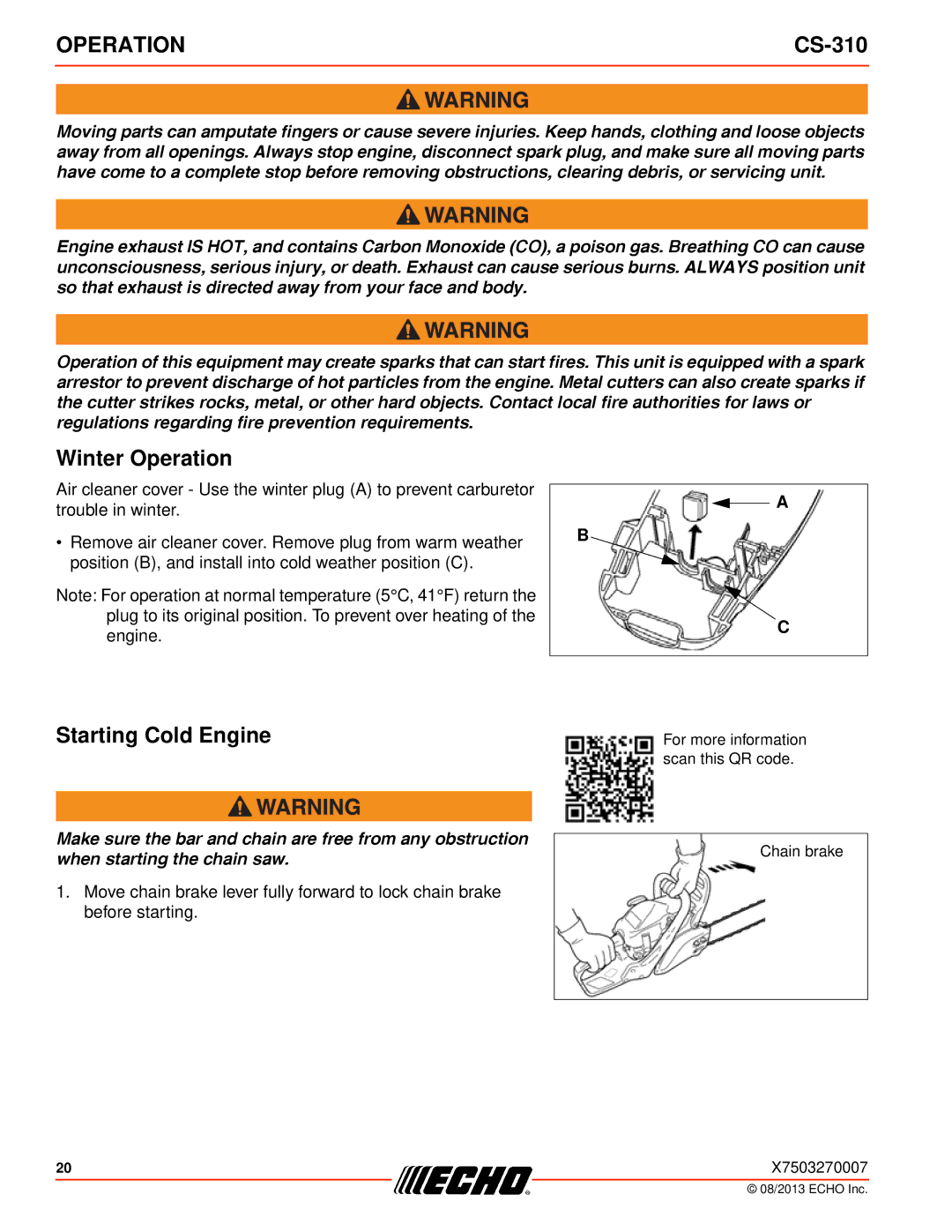 Echo CS-310 instruction manual Winter Operation, Starting Cold Engine 