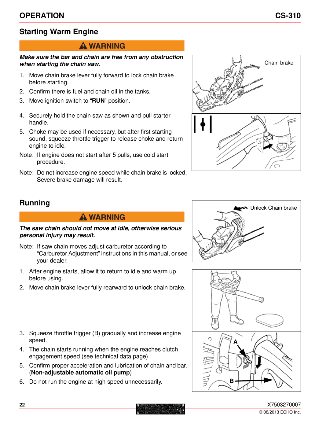 Echo CS-310 instruction manual Starting Warm Engine, Running 