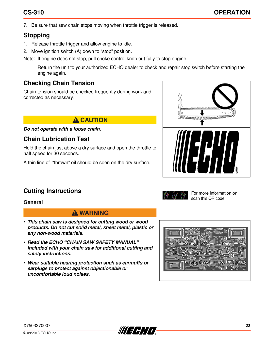 Echo CS-310 instruction manual Stopping, Checking Chain Tension, Chain Lubrication Test, Cutting Instructions, General 