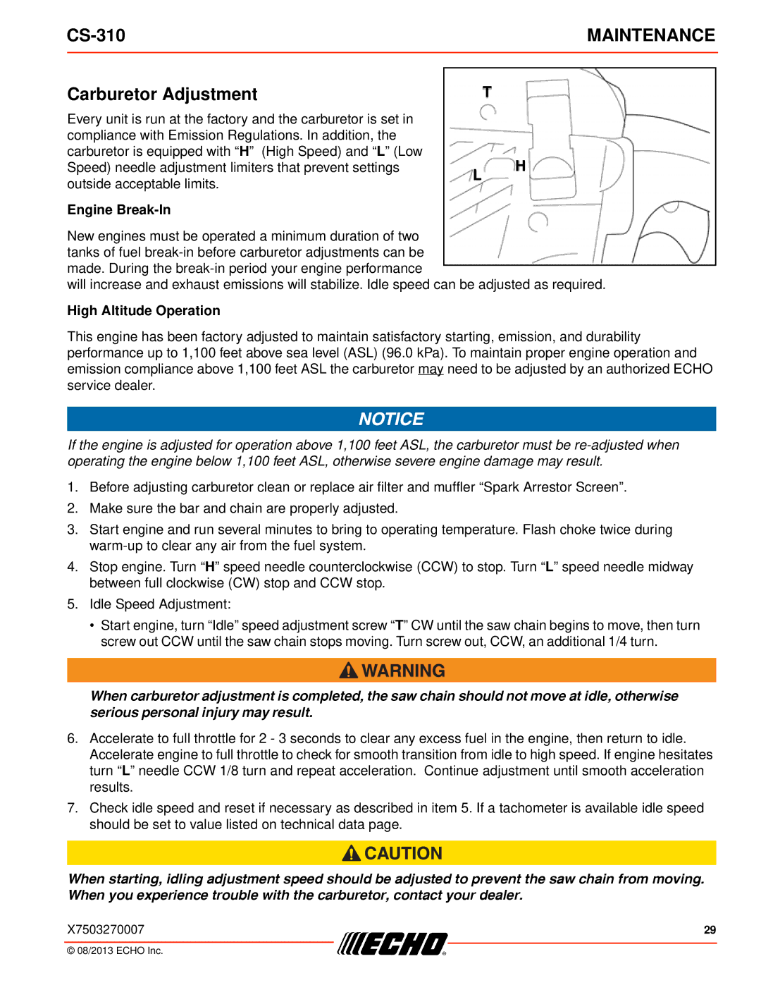 Echo CS-310 instruction manual Carburetor Adjustment, Engine Break-In 