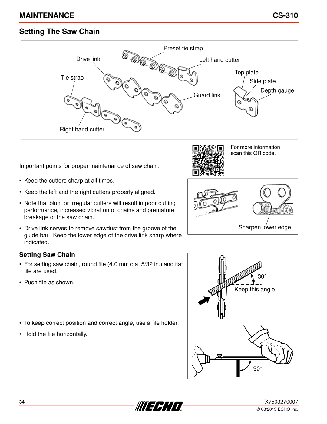 Echo CS-310 instruction manual Setting The Saw Chain, Setting Saw Chain 