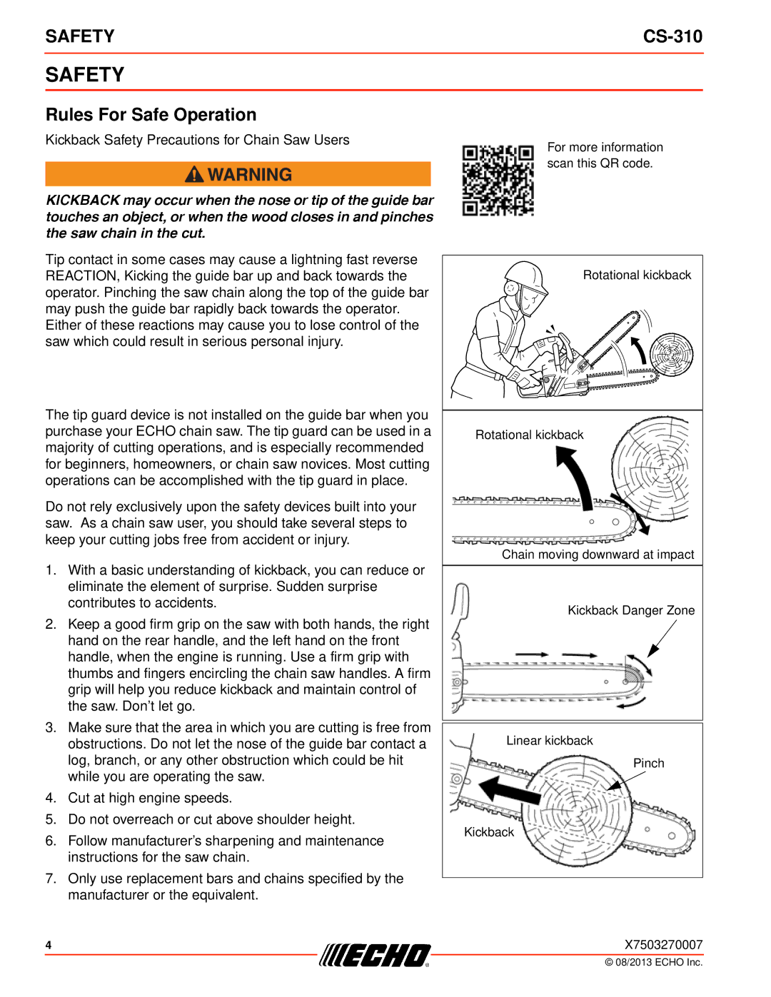 Echo CS-310 instruction manual Safety, Rules For Safe Operation 