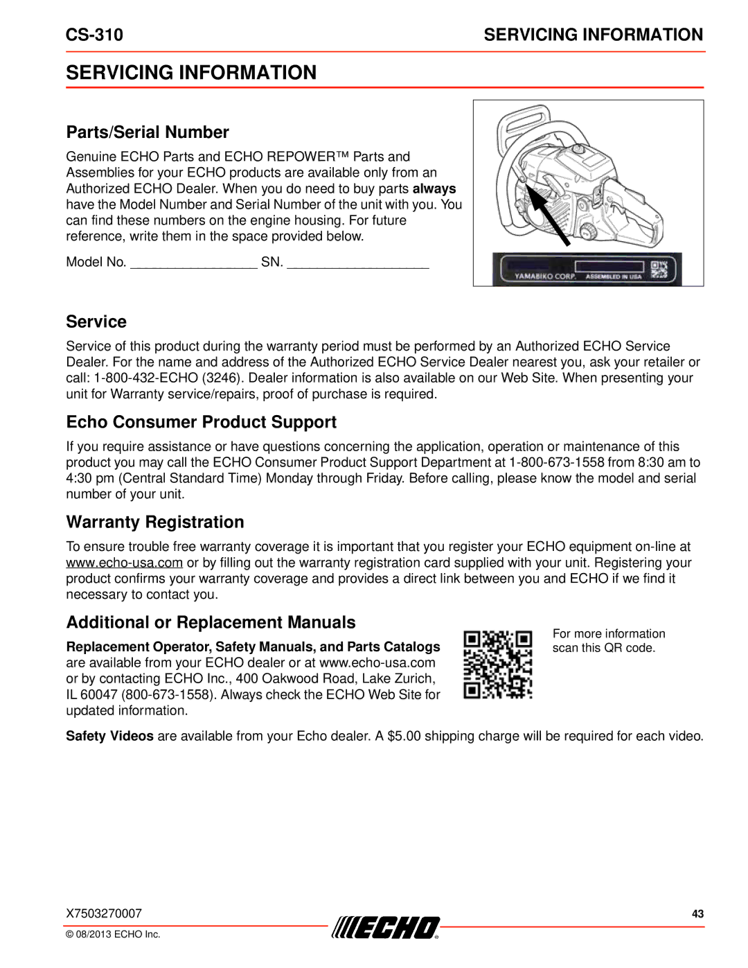 Echo CS-310 instruction manual Servicing Information, Parts/Serial Number, Service, Echo Consumer Product Support 