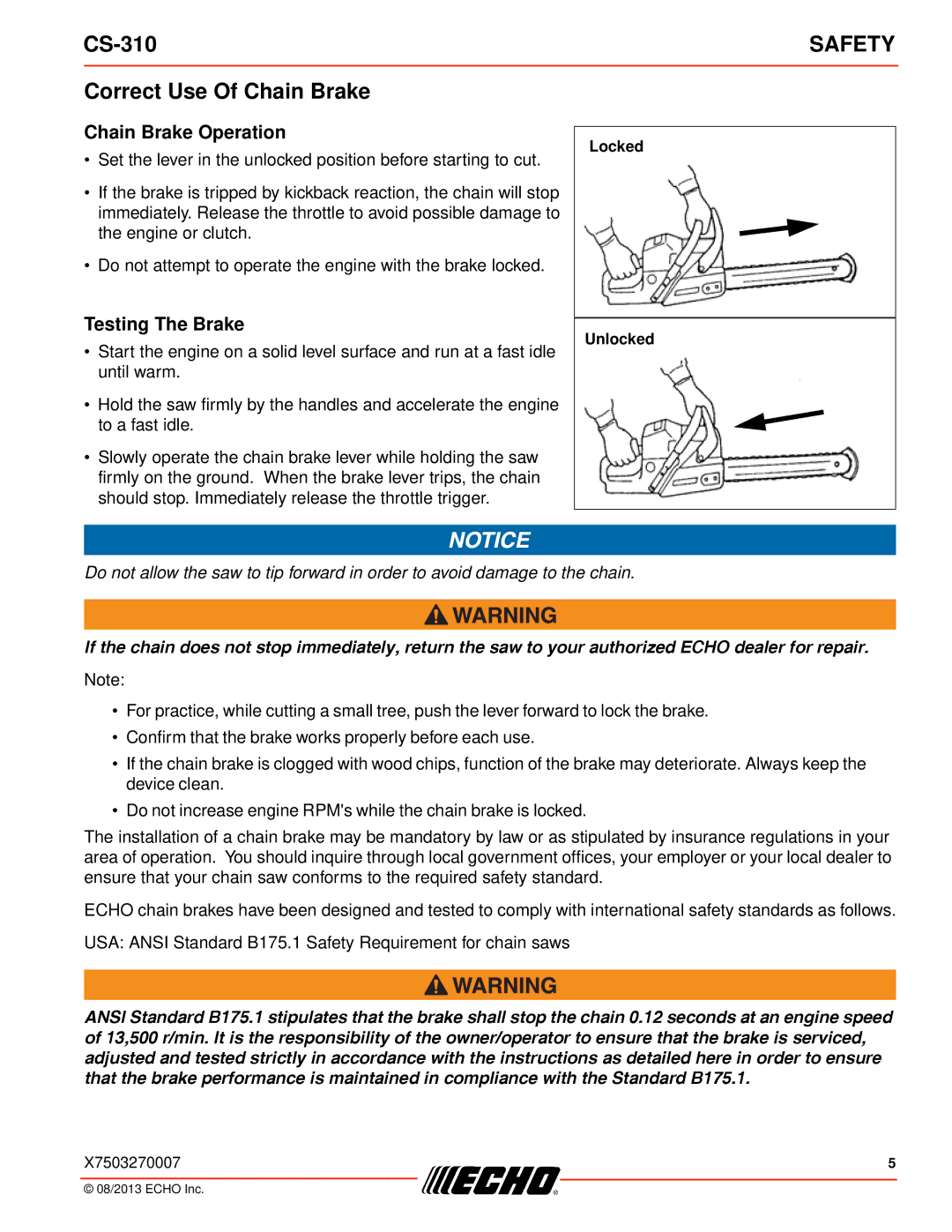 Echo CS-310 instruction manual Correct Use Of Chain Brake, Chain Brake Operation, Testing The Brake 