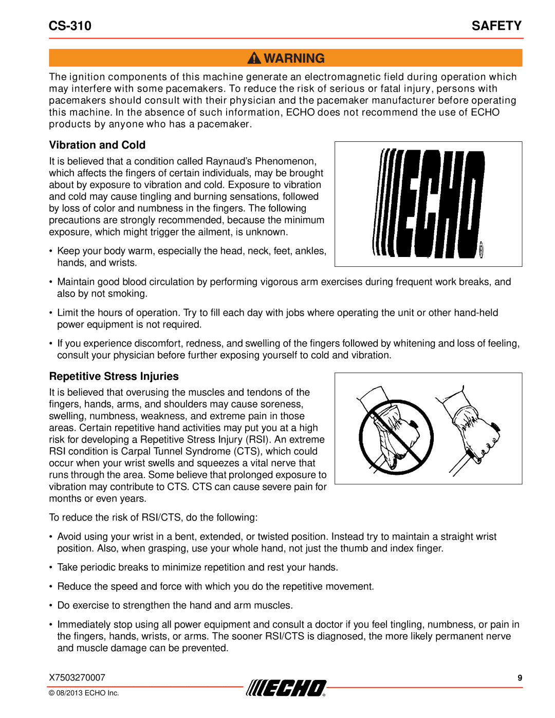 Echo CS-310 instruction manual Vibration and Cold, Repetitive Stress Injuries 