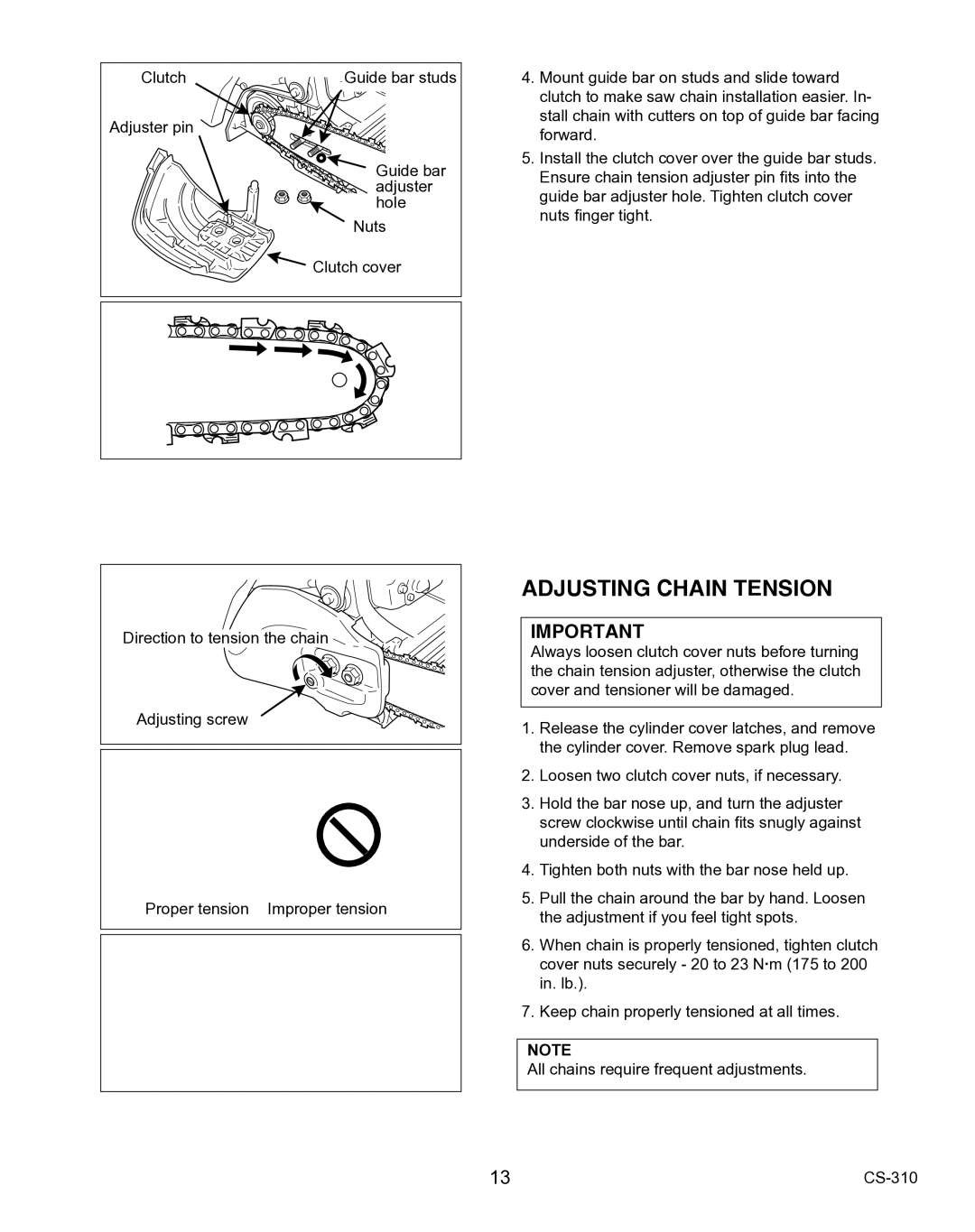 Echo CS-310 instruction manual Adjusting Chain Tension 