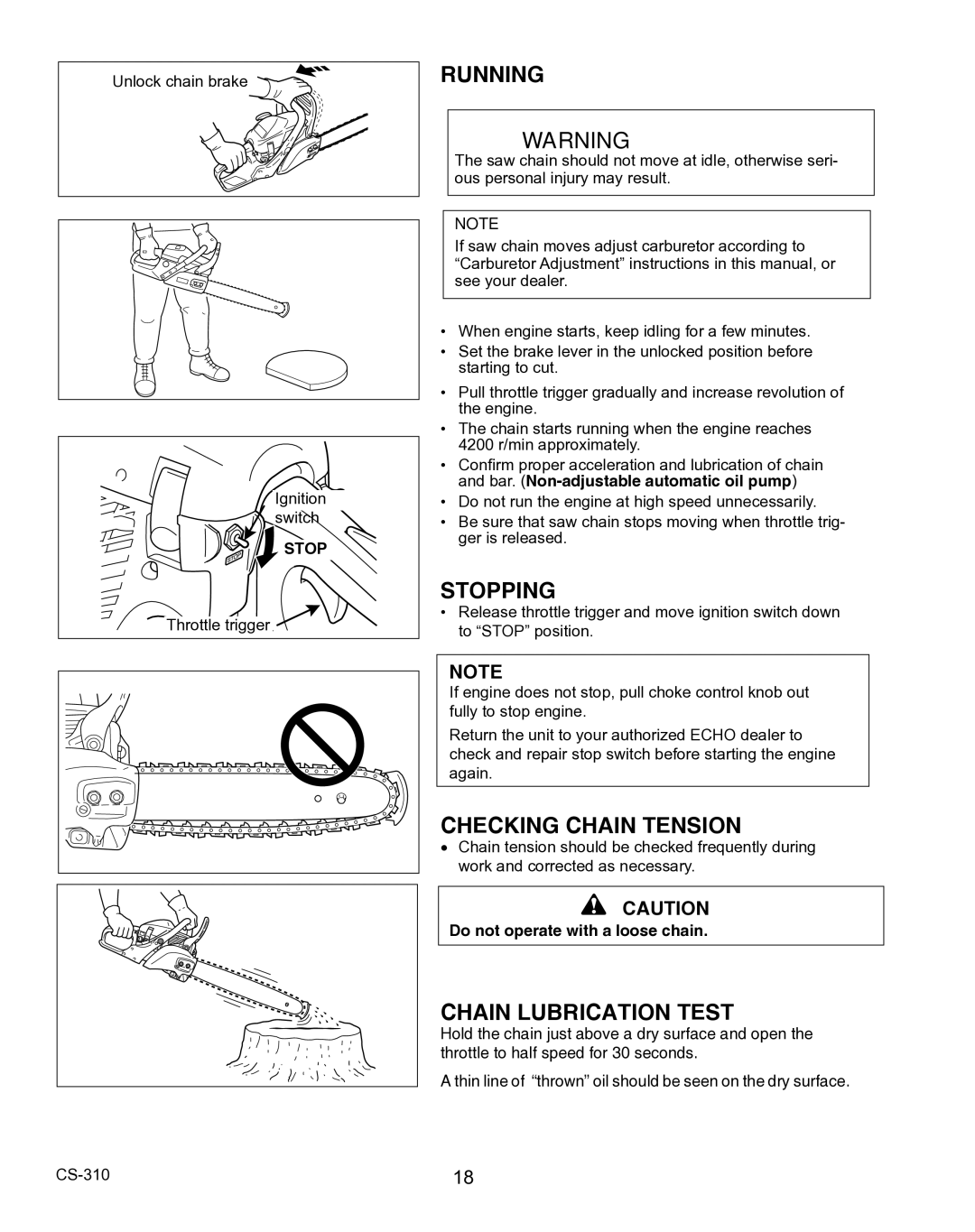 Echo CS-310 instruction manual Running, Stopping, Checking Chain Tension, Chain Lubrication Test 