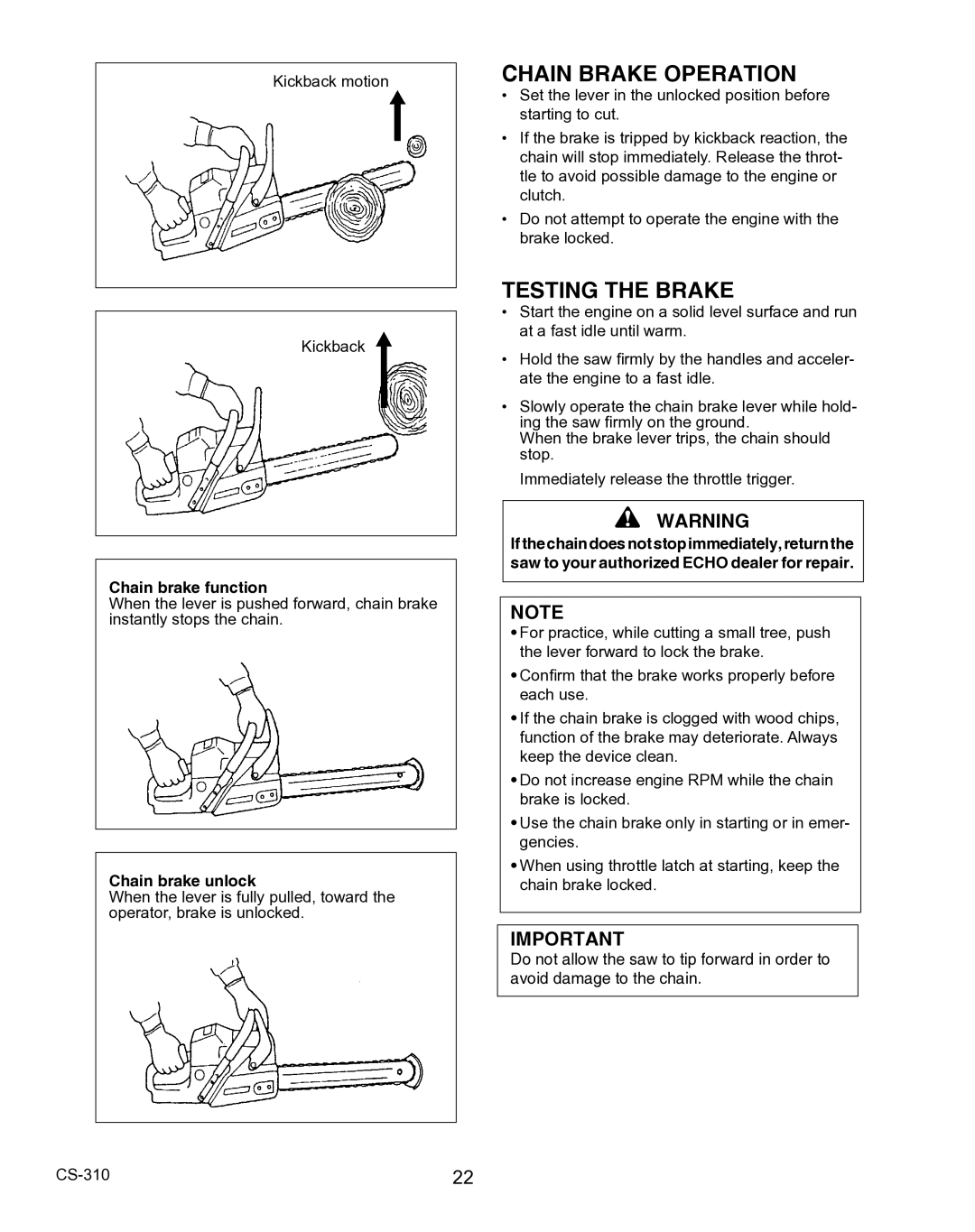 Echo CS-310 instruction manual Chain Brake Operation, Testing the Brake 