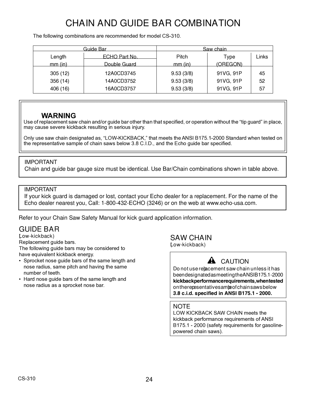 Echo CS-310 instruction manual Chain and Guide BAR Combination, SAW Chain 