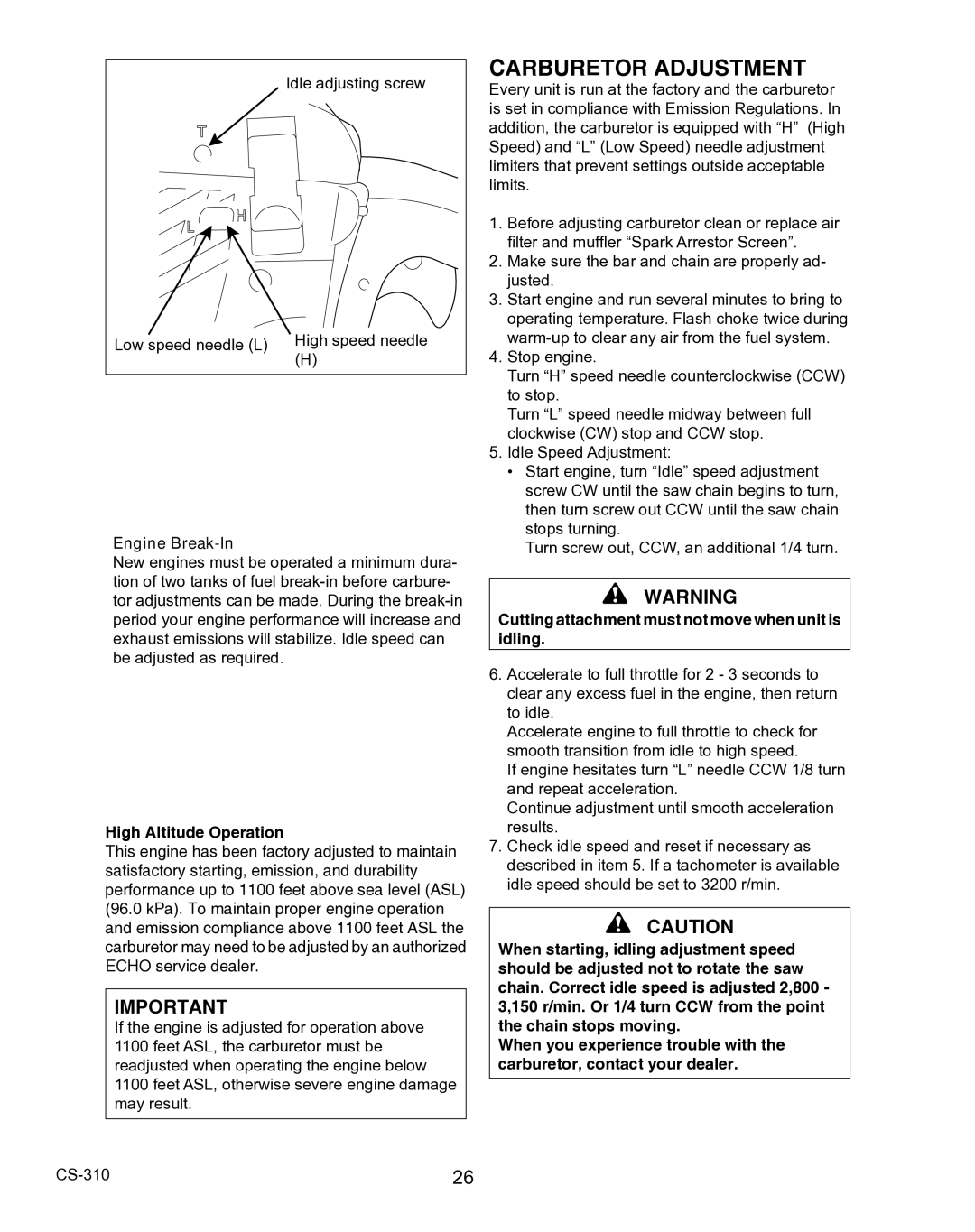 Echo CS-310 instruction manual Carburetor Adjustment, Engine Break-In 