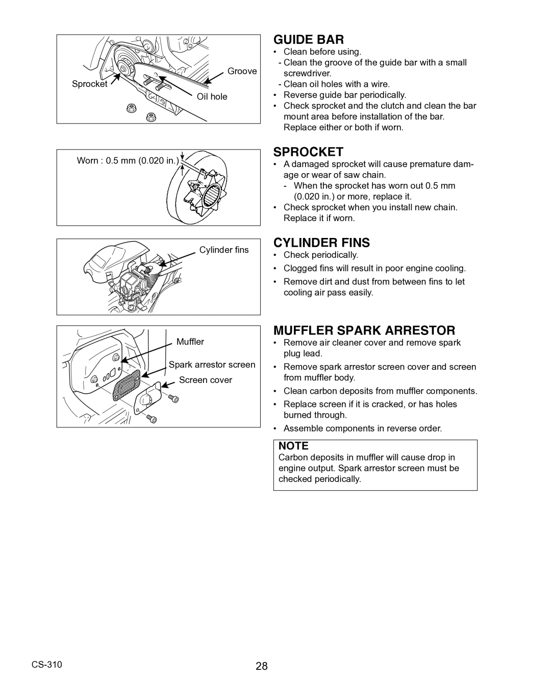 Echo CS-310 instruction manual Sprocket, Cylinder Fins, Muffler Spark Arrestor 