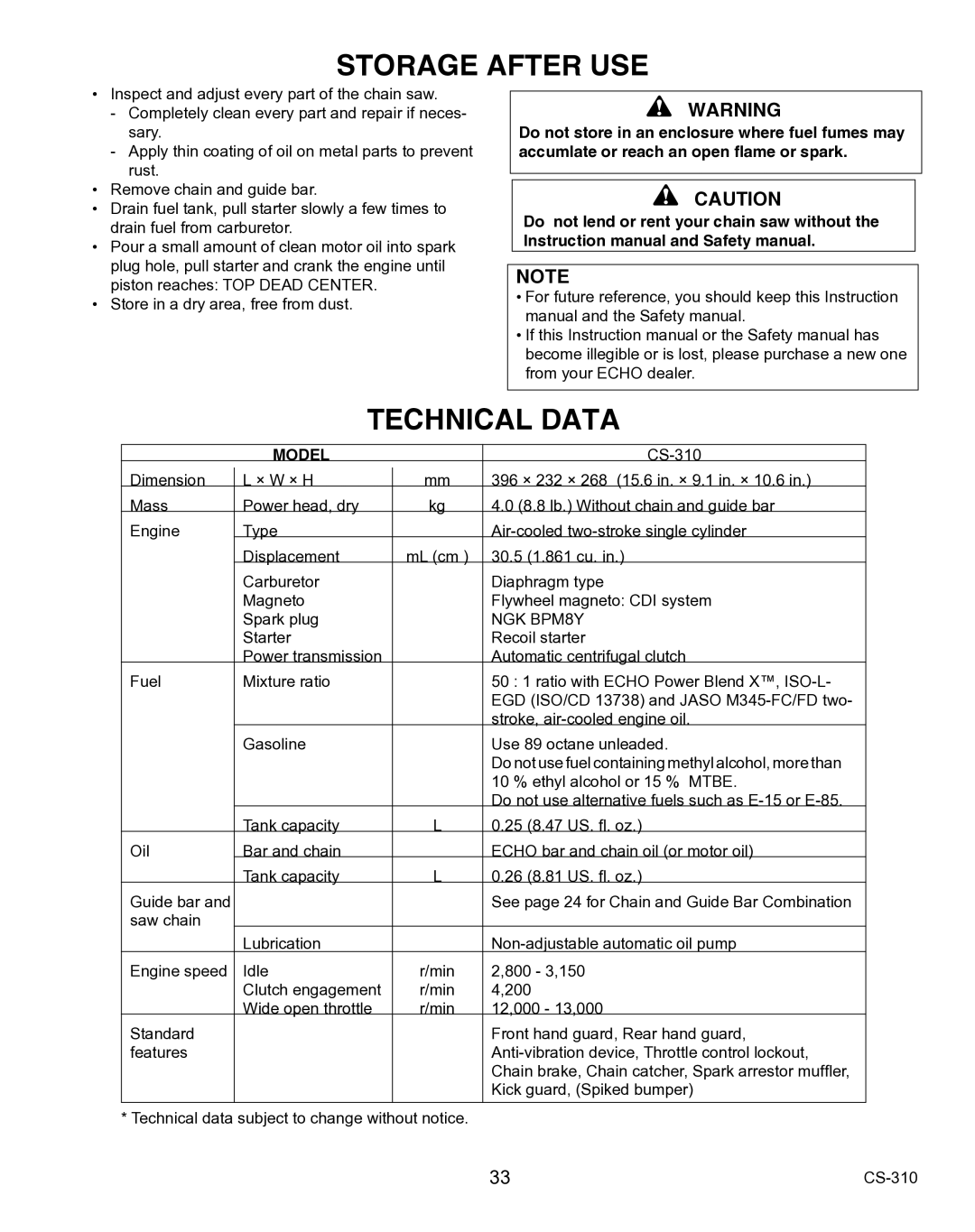 Echo CS-310 instruction manual Storage After USE, Technical Data 