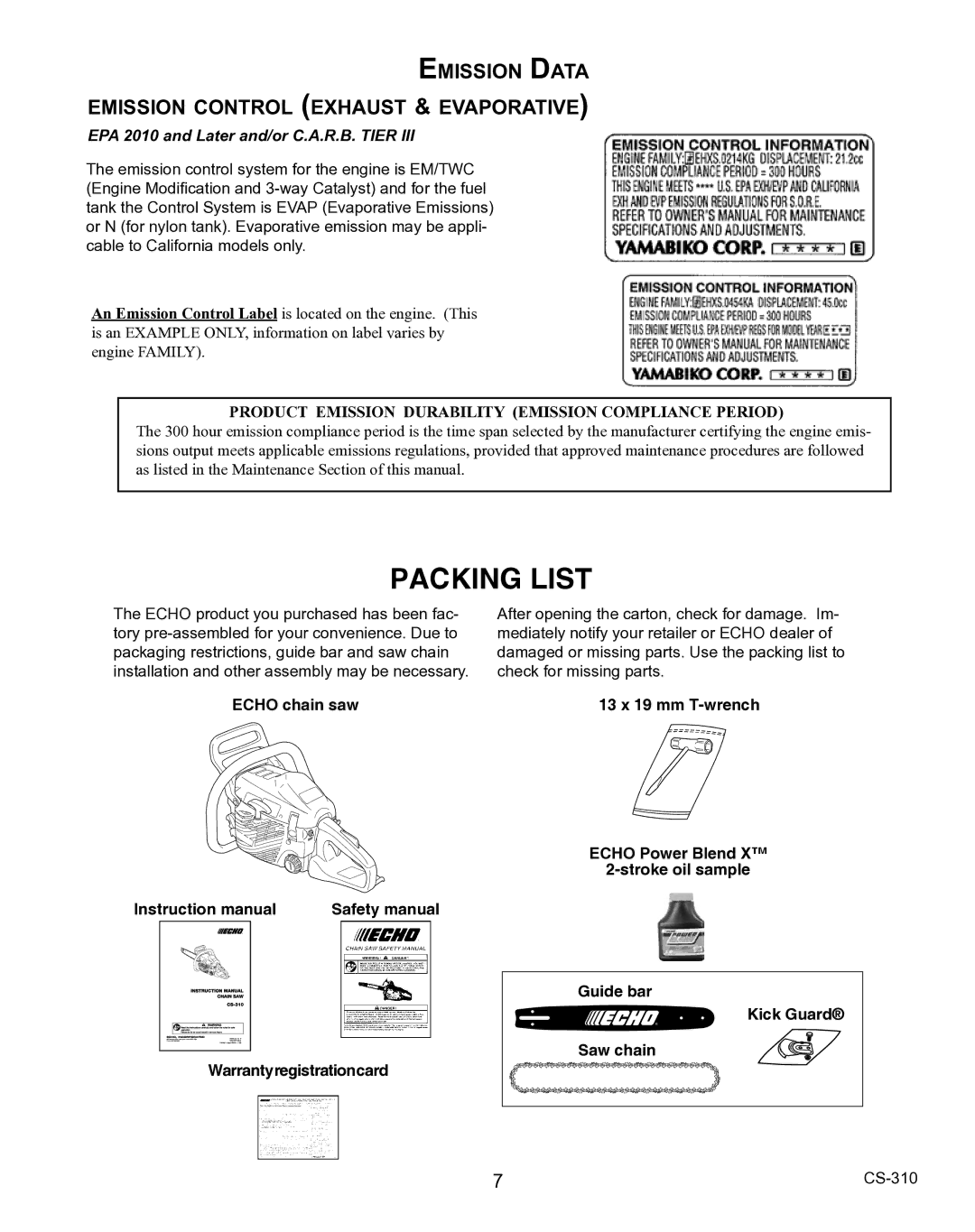 Echo CS-310 instruction manual Packing List, Emission Data emission control exhaust & evaporative 