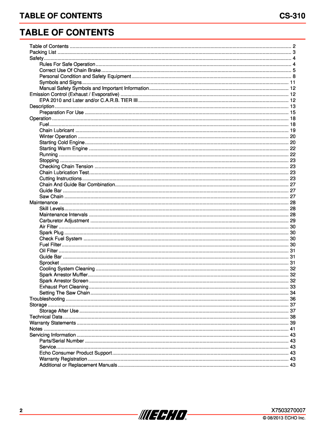 Echo CS-310 instruction manual Table Of Contents 