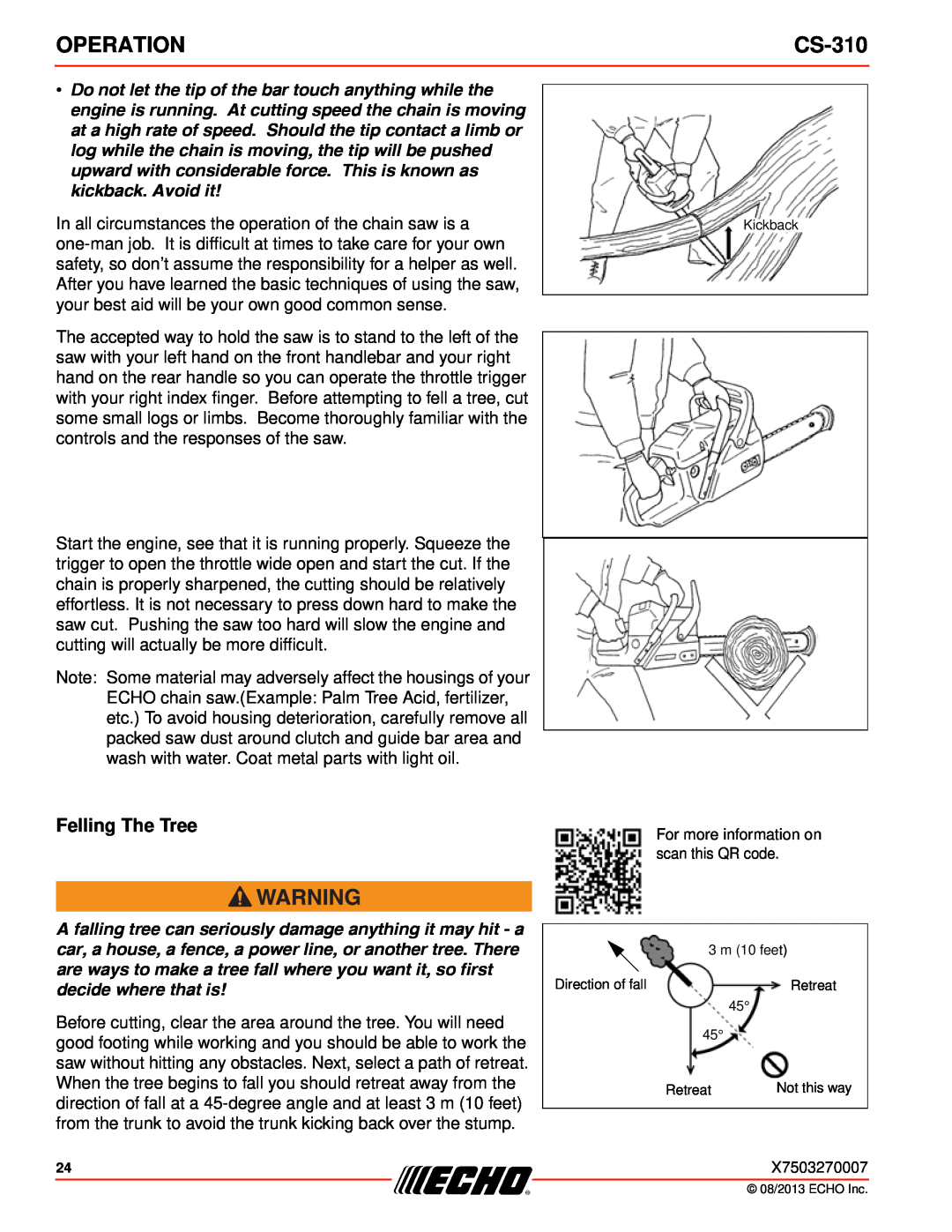 Echo CS-310 instruction manual Felling The Tree, Operation, Kickback, 3 m 10 feet, Direction of fall, Retreat 