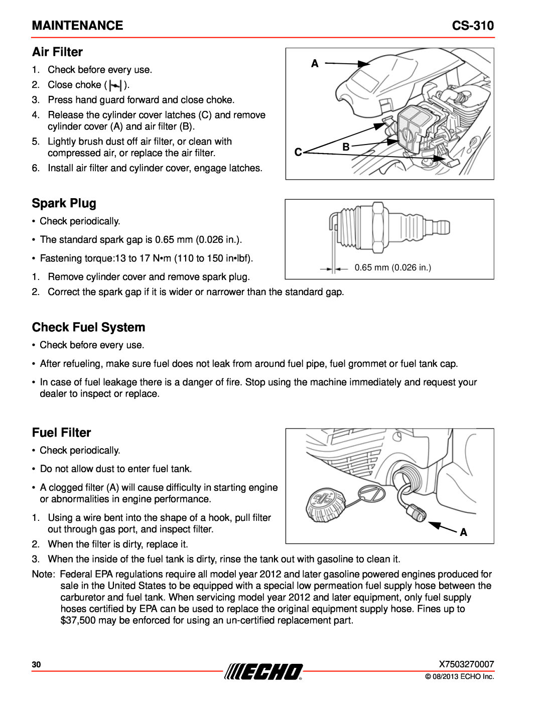 Echo CS-310 instruction manual Air Filter, Spark Plug, Check Fuel System, Fuel Filter, A C B, Maintenance 