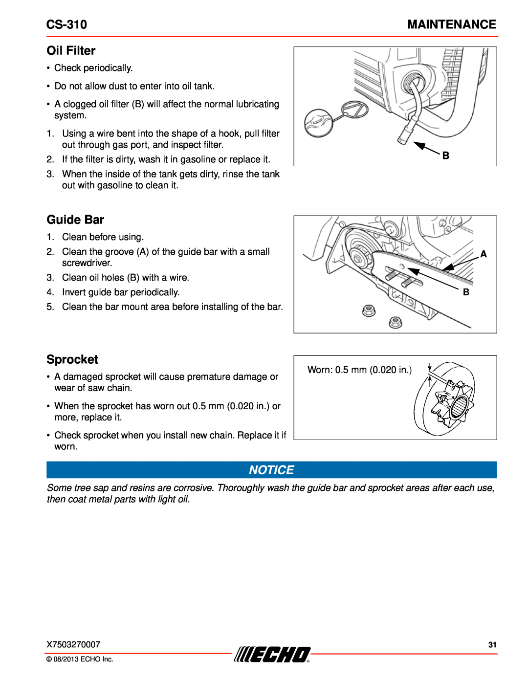 Echo CS-310 instruction manual Oil Filter, Sprocket, Maintenance, Guide Bar 