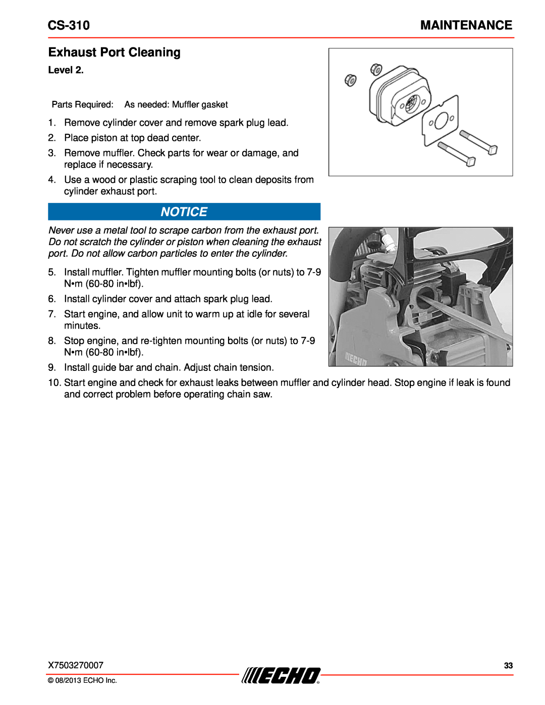 Echo CS-310 instruction manual Exhaust Port Cleaning, Level, Maintenance 