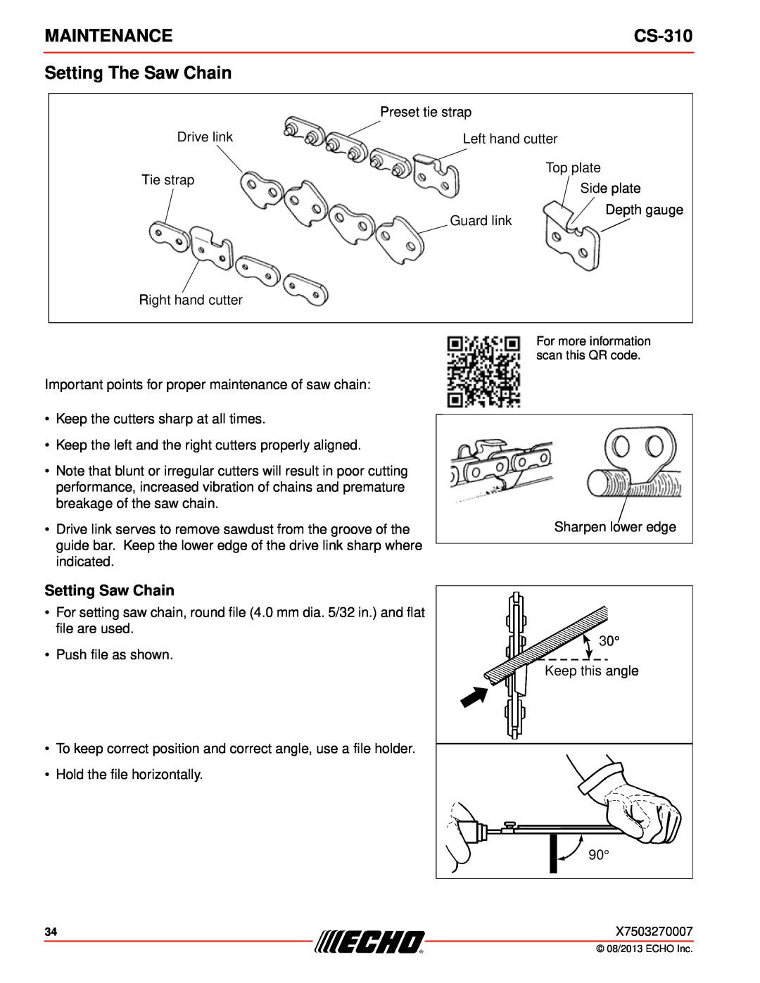 Echo CS-310 instruction manual Setting The Saw Chain, Setting Saw Chain, Maintenance 