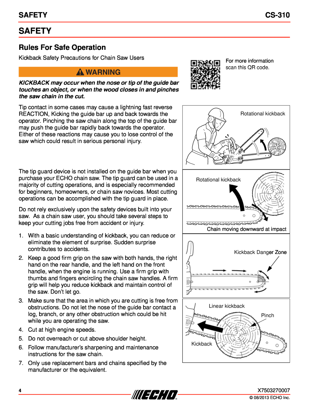 Echo CS-310 instruction manual Safety, Rules For Safe Operation 