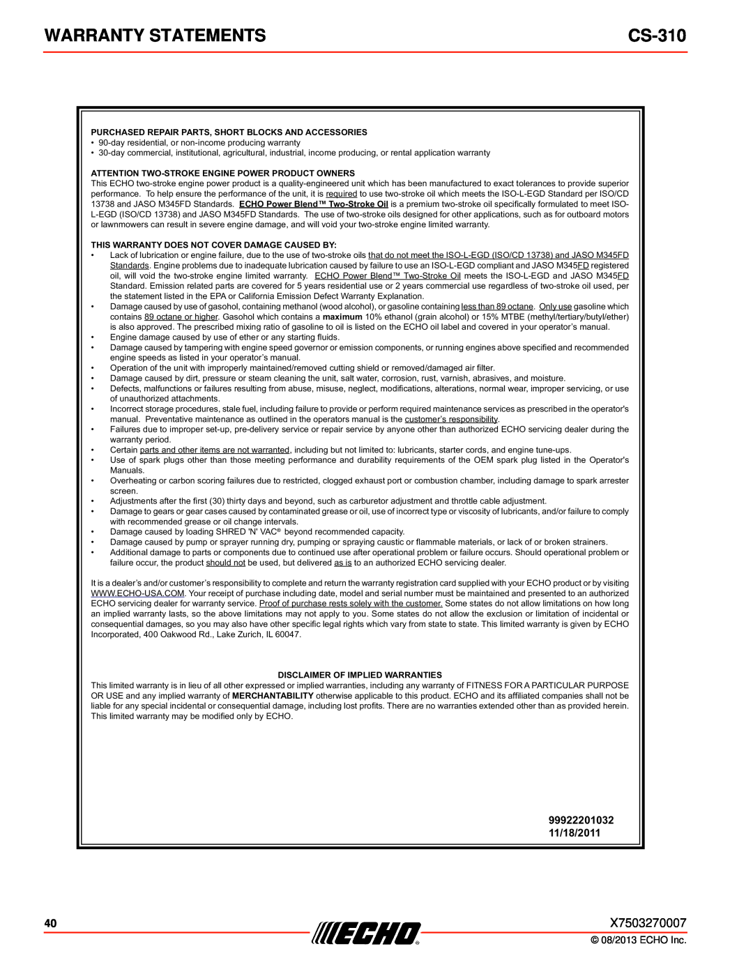 Echo CS-310 instruction manual Warranty Statements, 99922201032 11/18/2011 