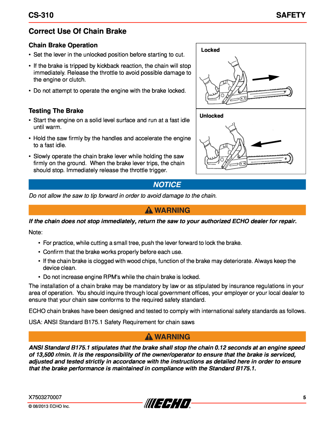 Echo CS-310 instruction manual Correct Use Of Chain Brake, Safety, Chain Brake Operation, Testing The Brake 