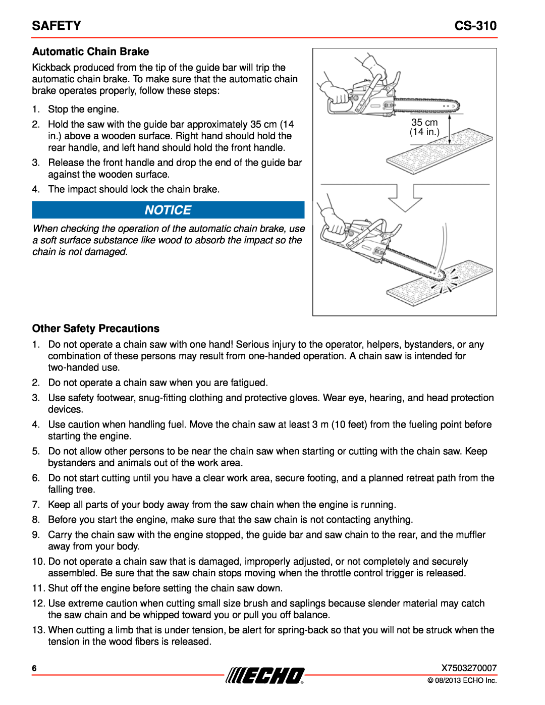 Echo CS-310 instruction manual Automatic Chain Brake, Other Safety Precautions 