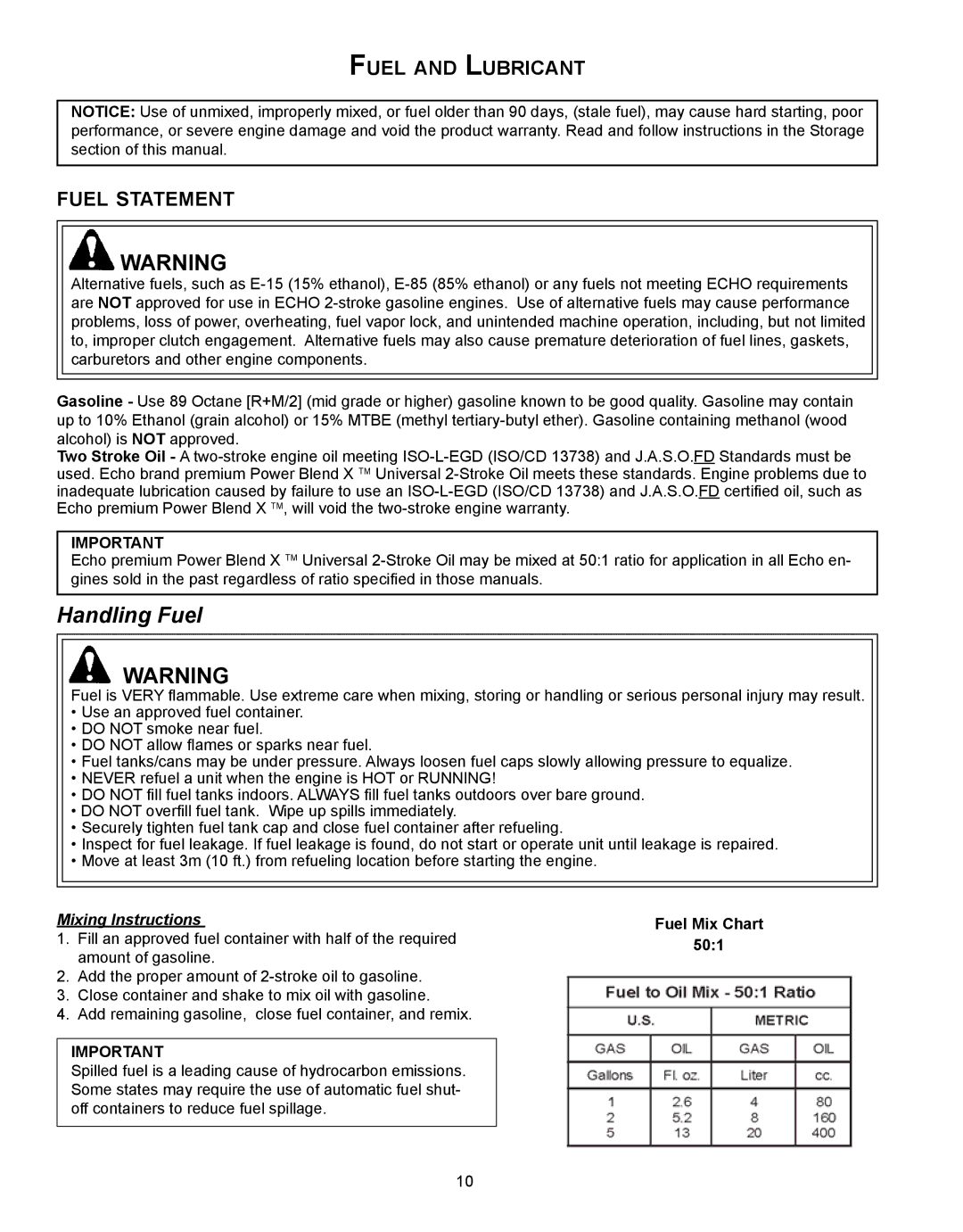 Echo CS-330T, CS-360T instruction manual Fuel and Lubricant Fuel statement, Fuel Mix Chart 501 