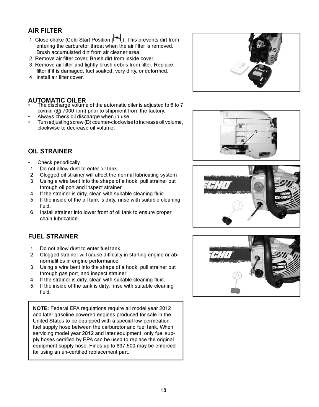 Echo CS-330T, CS-360T instruction manual Air filter, Automatic oiler, Oil strainer, Fuel strainer 