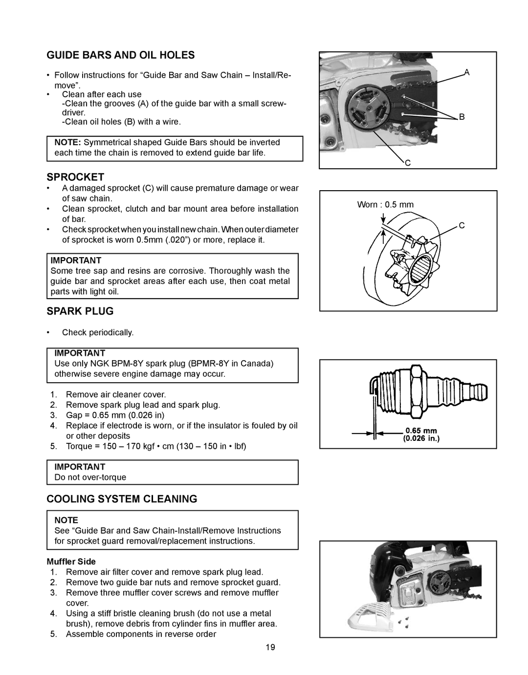 Echo CS-360T, CS-330T Guide bars and oil holes, Sprocket, Spark plug, Cooling system cleaning, Muffler Side 