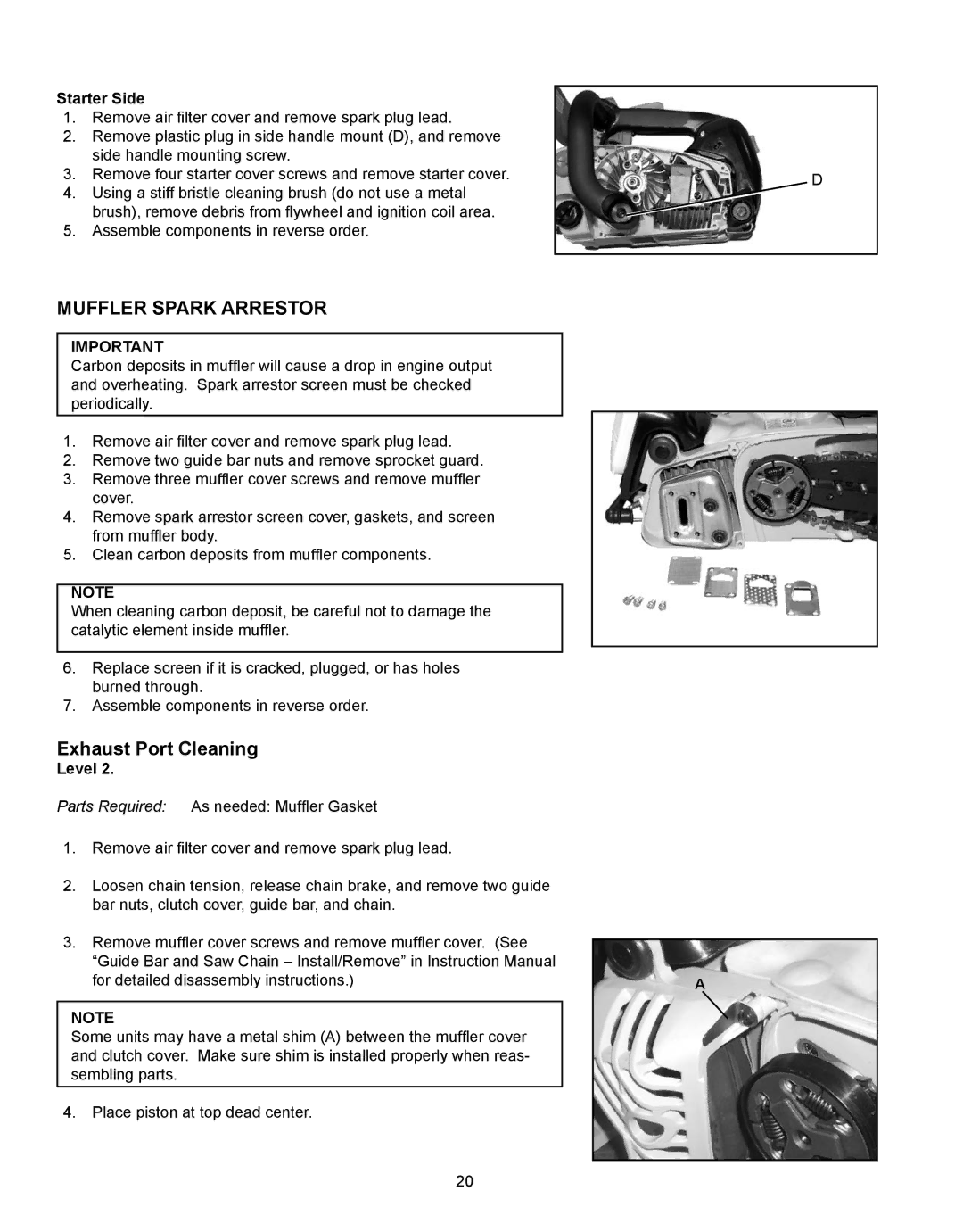 Echo CS-330T, CS-360T instruction manual Muffler spark arrestor, Exhaust Port Cleaning, Starter Side, Level 