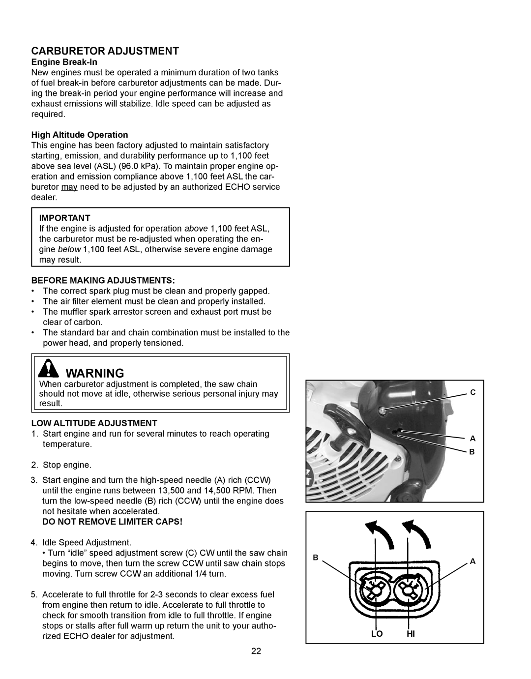 Echo CS-330T, CS-360T instruction manual Carburetor adjustment, Engine Break-In, High Altitude Operation, Lo hi 