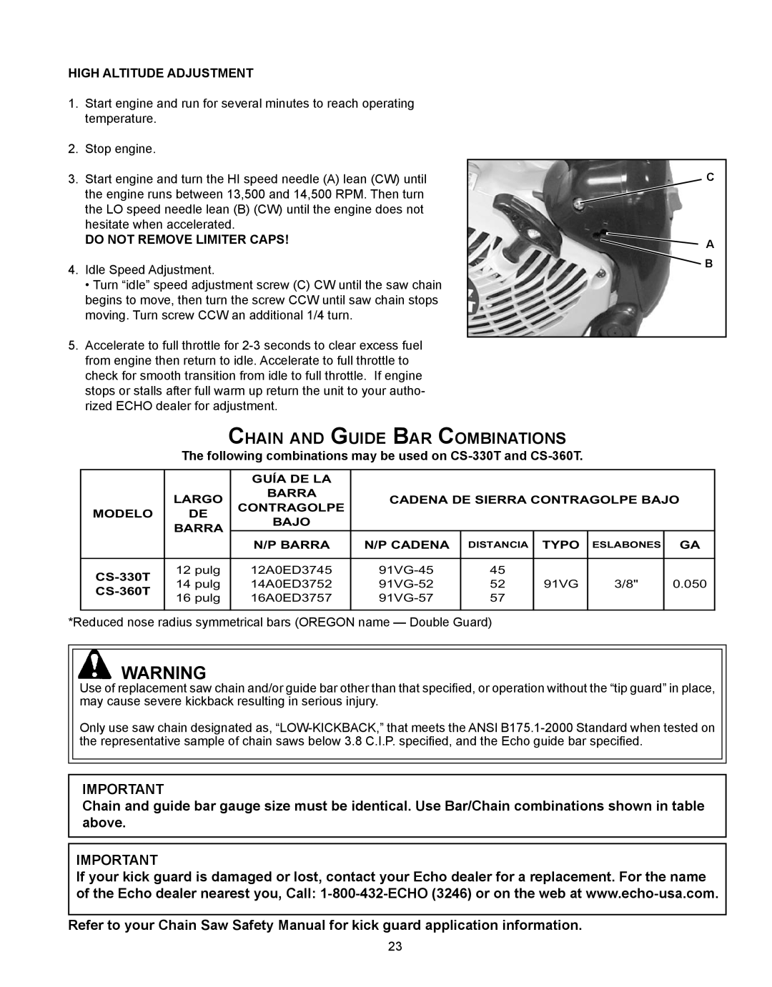 Echo CS-360T, CS-330T instruction manual Chain and Guide Bar Combinations, High Altitude Adjustment 