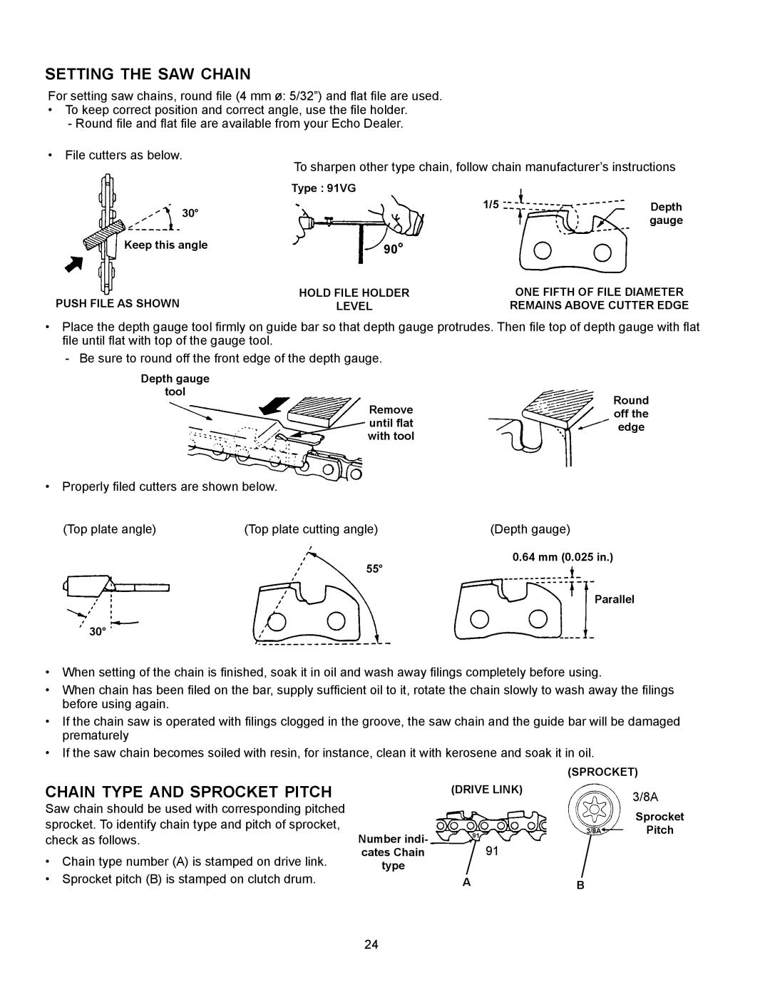 Echo CS-330T, CS-360T instruction manual Setting the saw chain, Chain type and sprocket pitch 