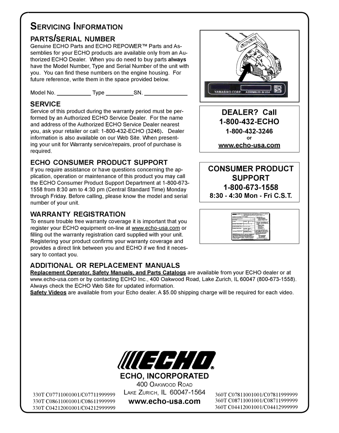 Echo CS-330T Servicing Information parts/serial number, Service, Echo consumer product support, Warranty registration 