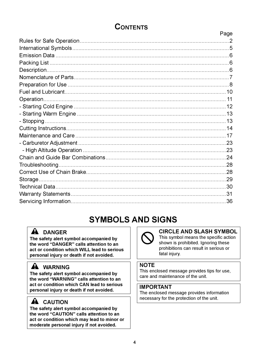 Echo CS-330T, CS-360T instruction manual Symbols and Signs, Contents 