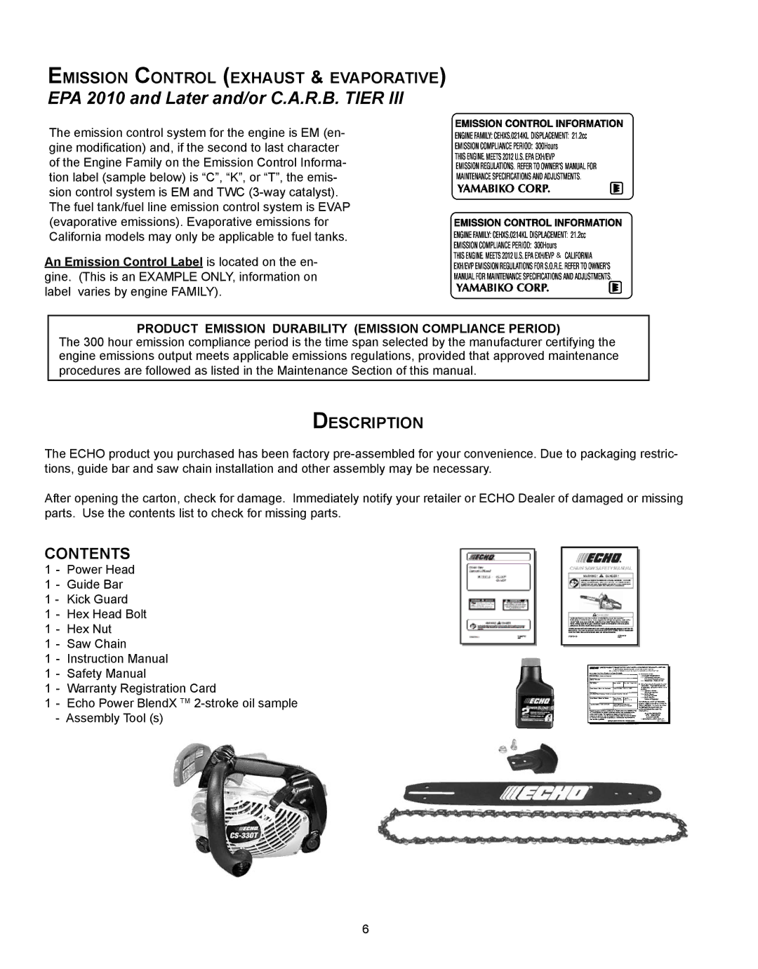 Echo CS-330T, CS-360T instruction manual Emission Control exhaust & evaporative, Description 