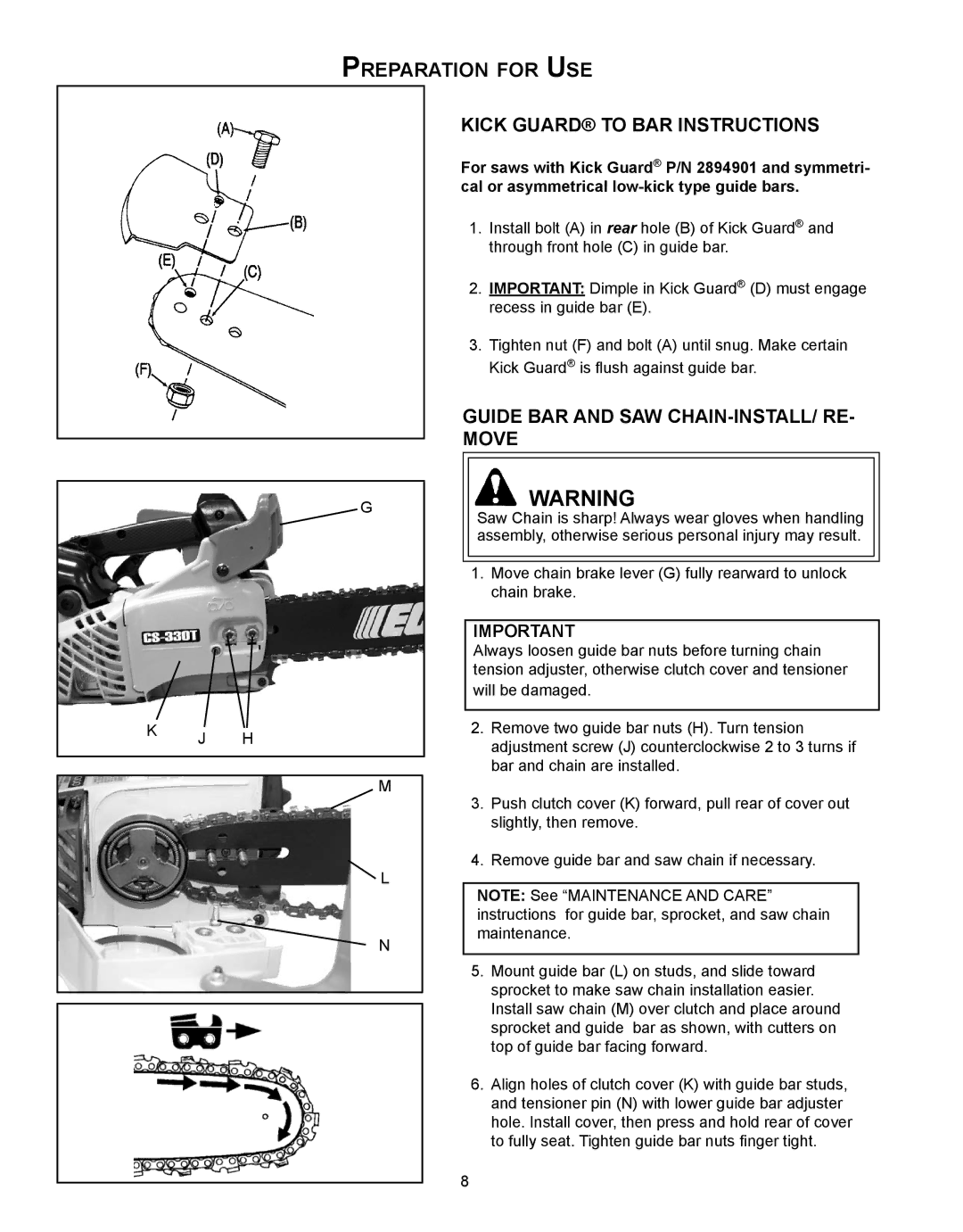 Echo CS-330T, CS-360T Preparation for Use, Kick guard to bar instructions, Guide bar and saw chain-install/ re- move 