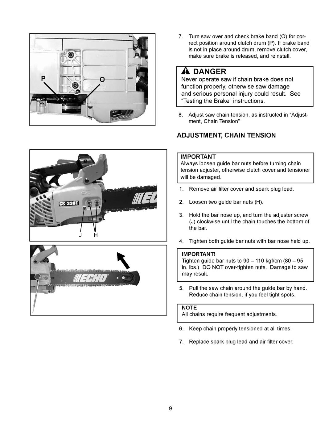 Echo CS-360T, CS-330T instruction manual Adjustment, chain tension 