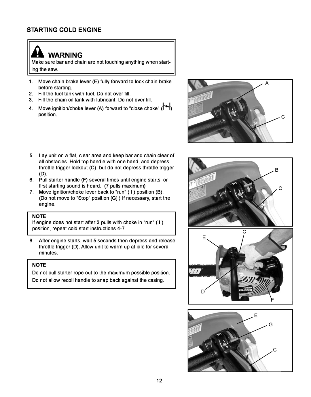 Echo CS-330T, CS-360T instruction manual starting cold engine 