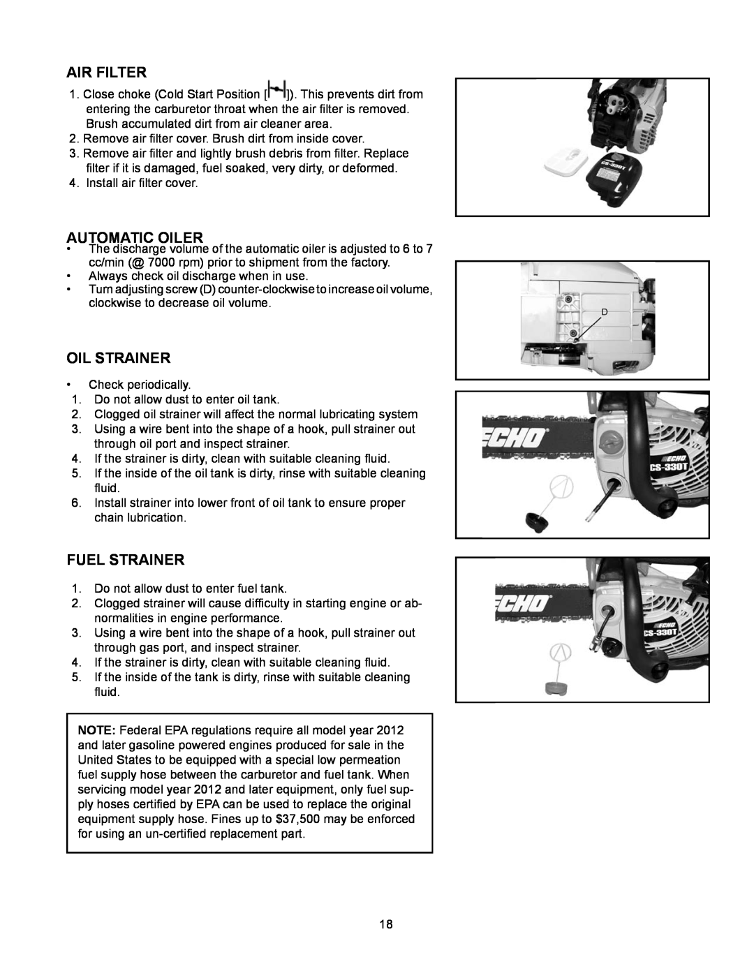 Echo CS-330T, CS-360T instruction manual air filter, automatic oiler, oil strainer, fuel strainer 