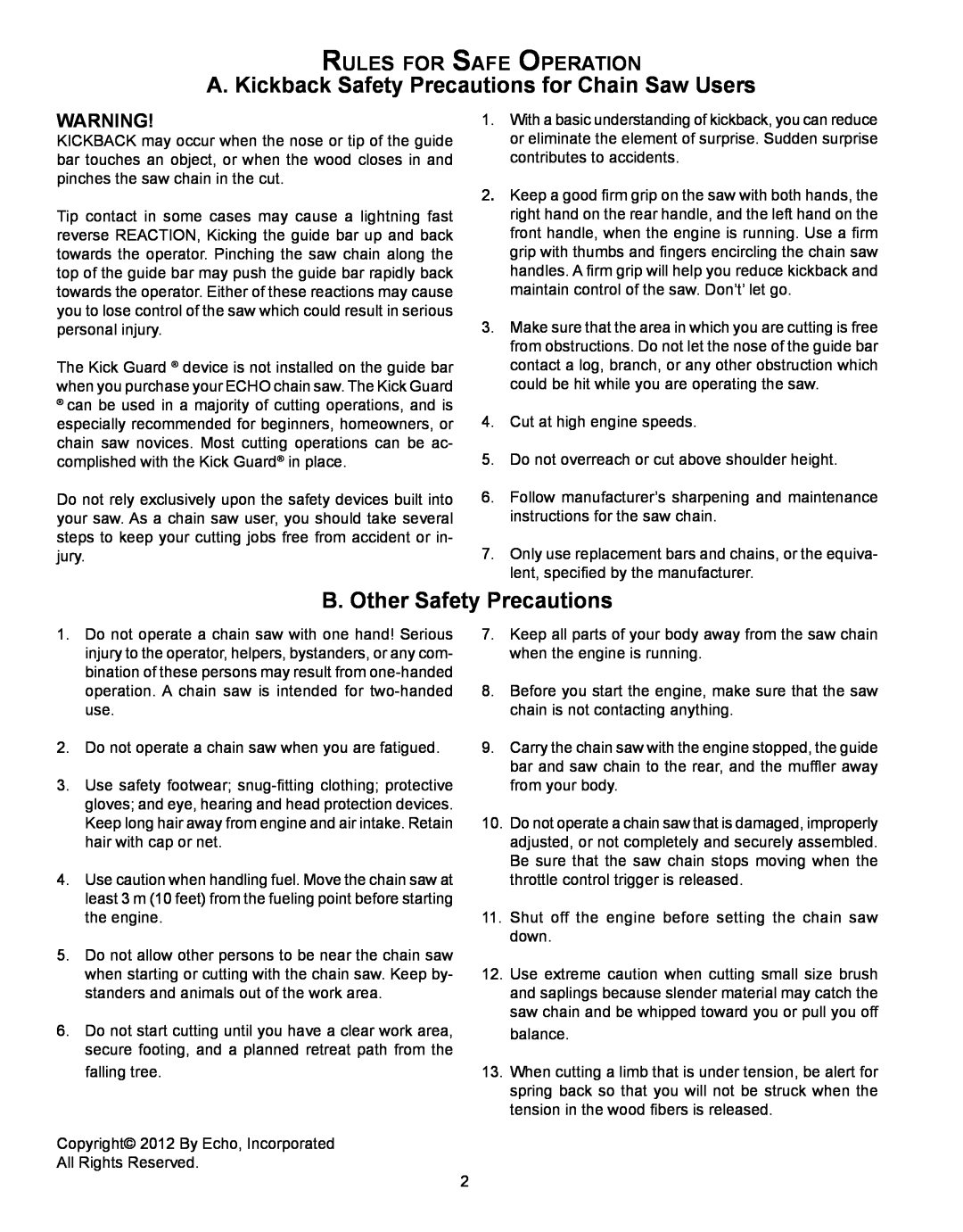 Echo CS-330T A. Kickback Safety Precautions for Chain Saw Users, B. Other Safety Precautions, Rules for Safe Operation 
