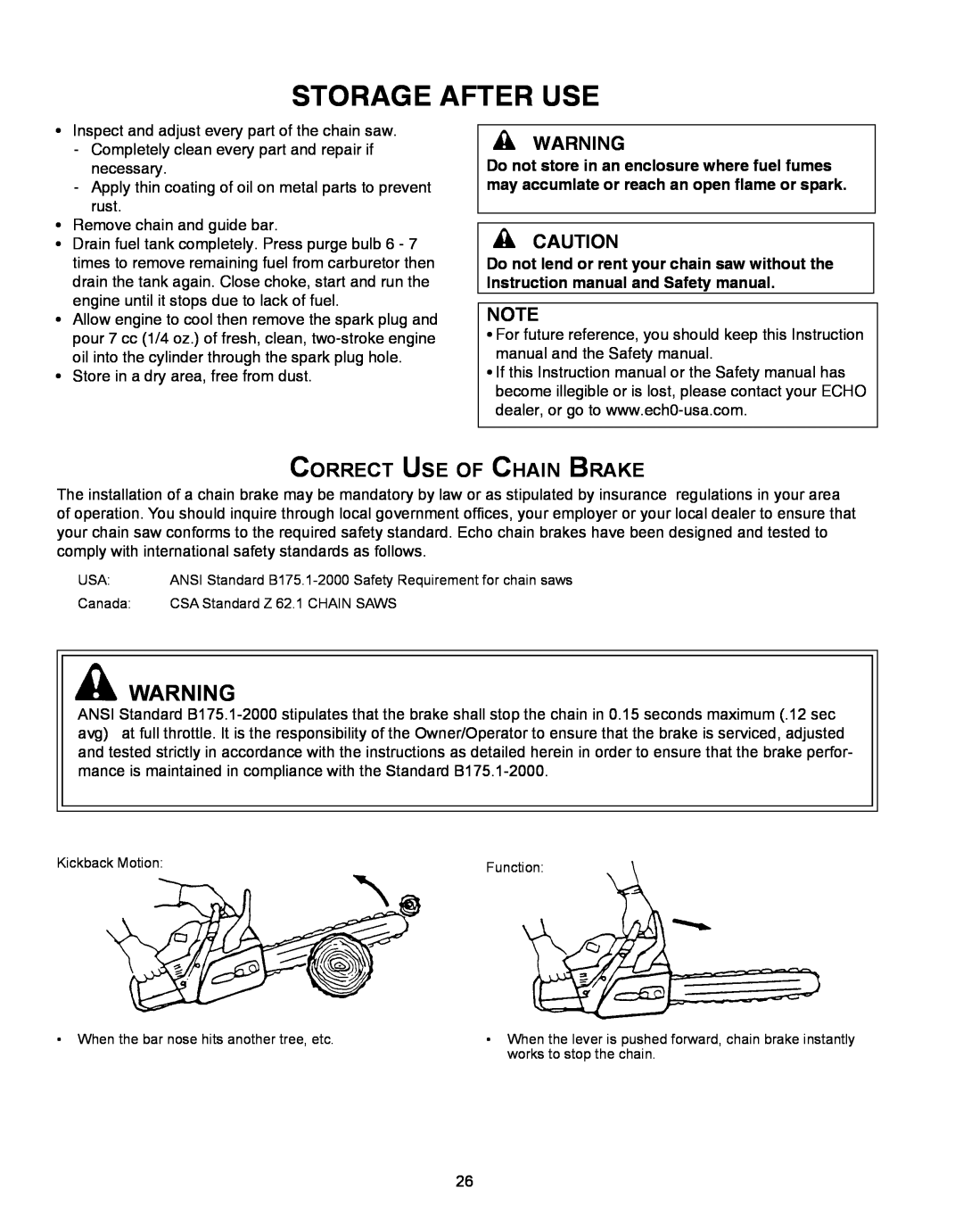 Echo CS-330T, CS-360T instruction manual Correct Use of Chain Brake, Storage After Use 