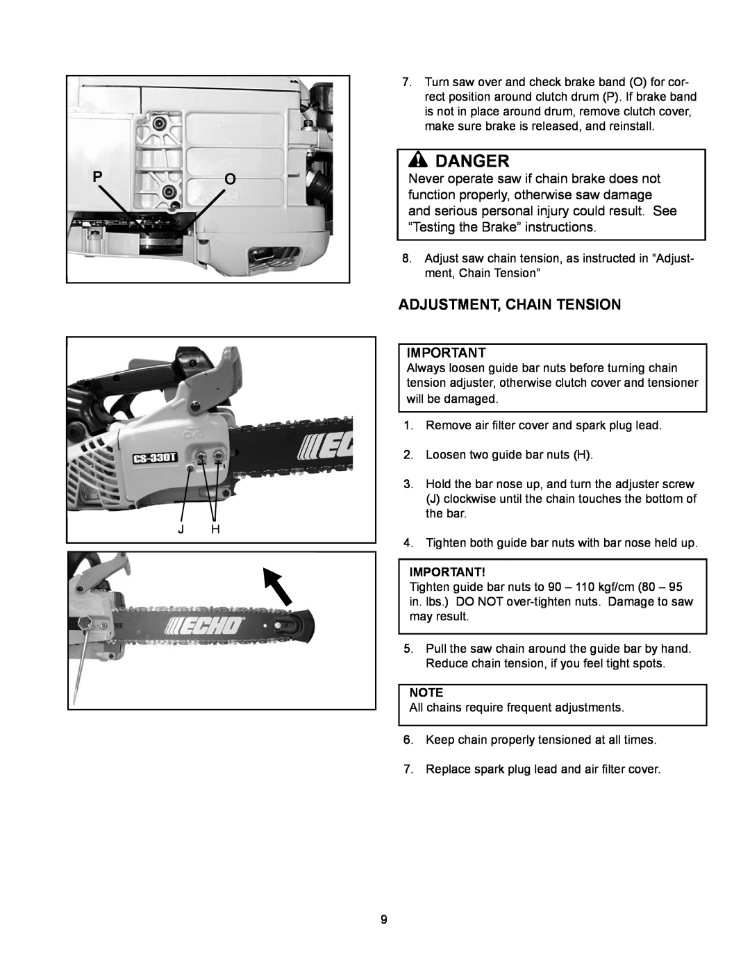 Echo CS-360T, CS-330T instruction manual Danger, adjustment, chain tension 